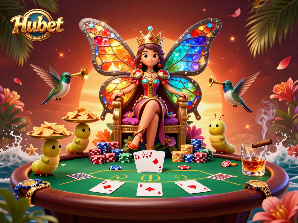 Experience excitement at Hubet with a vibrant 3D casino scene featuring a butterfly queen and poker elements.