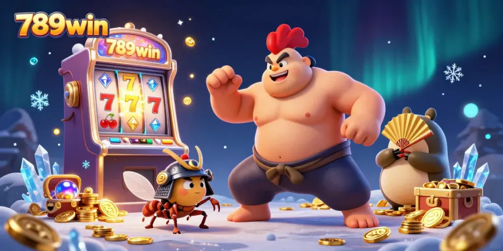 Join the excitement of winning at 789win with a lively casino scene full of treasures and colorful elements.