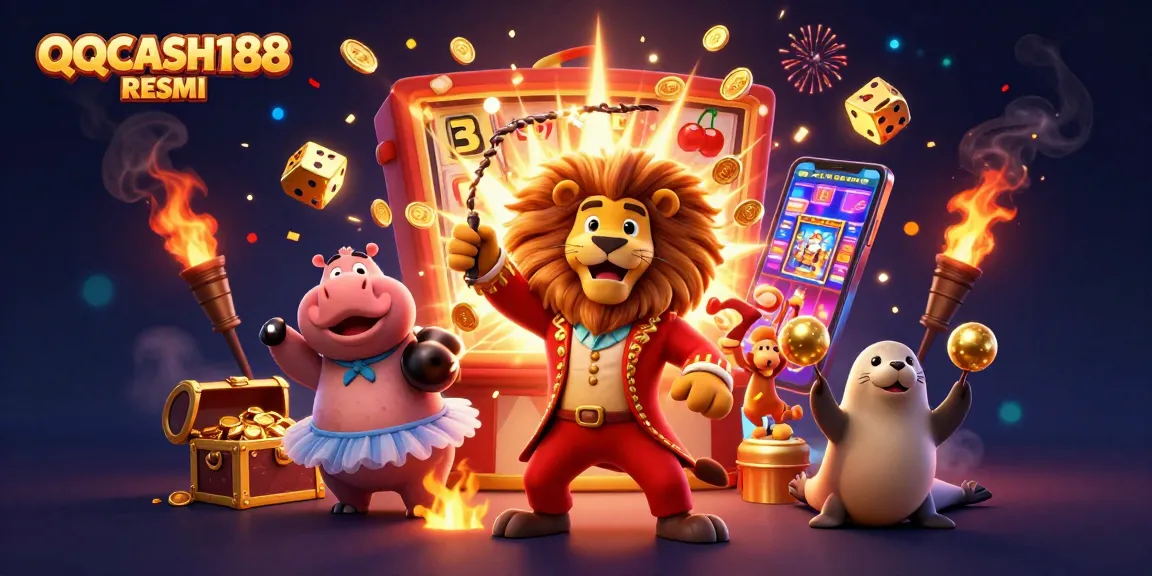Experience thrilling gaming with QQCASH188 RESMI featuring a circus ringmaster lion, vibrant slot elements, and dynamic characters.