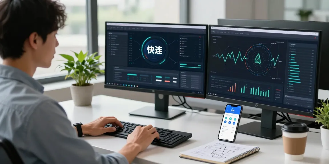 Tech professional using 快连 software in a modern office with dual monitors and connection metrics.
