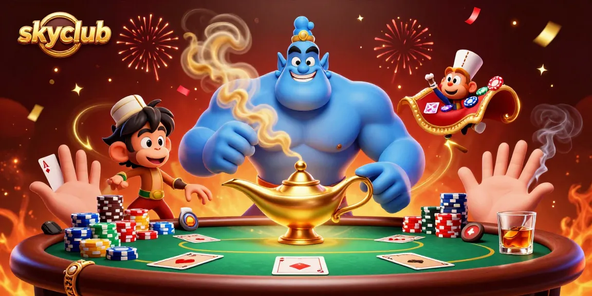 Experience thrilling gaming at skyclub with vibrant casino graphics and dynamic characters.