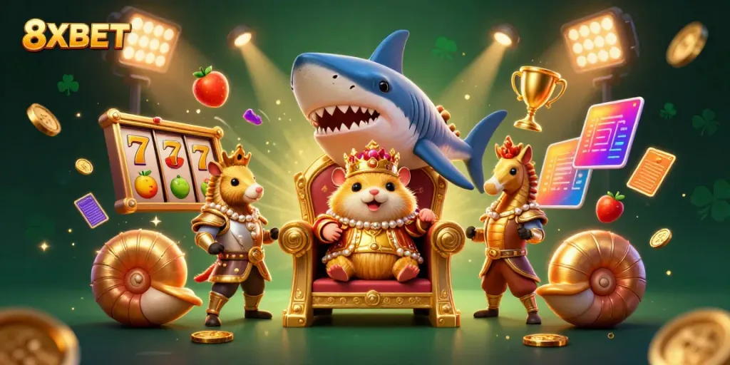 Experience excitement with 8XBET as a golden hamster king rules over a vibrant slot paradise.