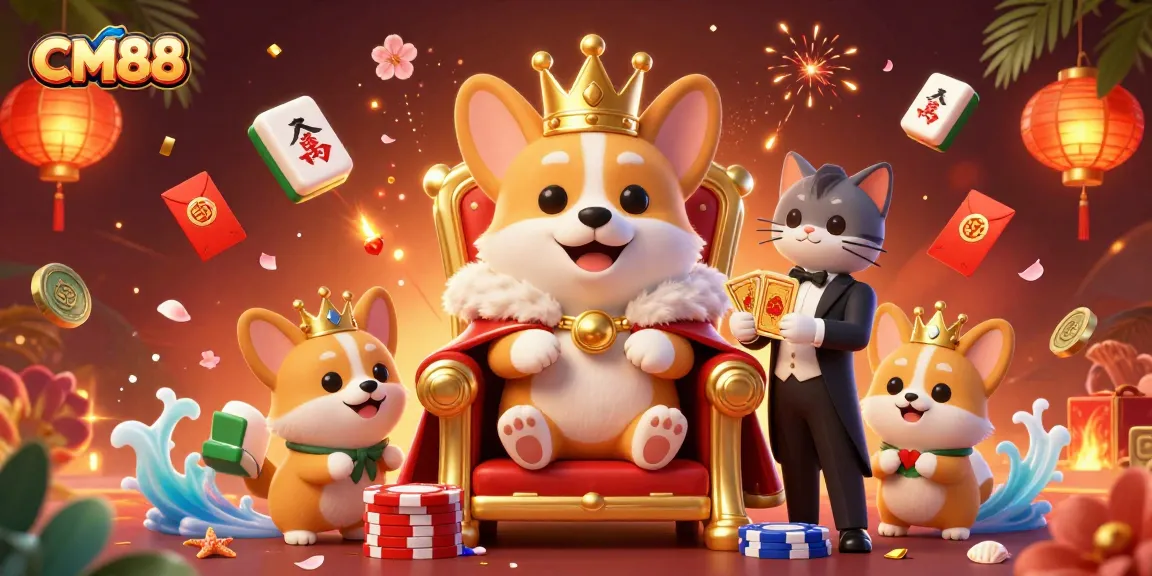 CM88 showcases an engaging scene with mascot characters amidst colorful casino elements, enhancing the gaming experience.