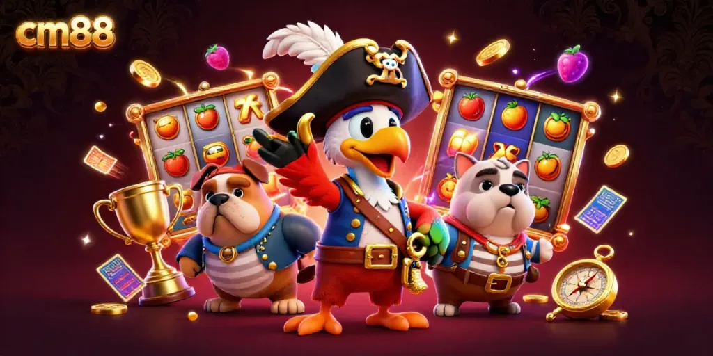Experience thrilling cm88 slots action with pirates, bulldogs, and treasure on a vibrant illustrated display.
