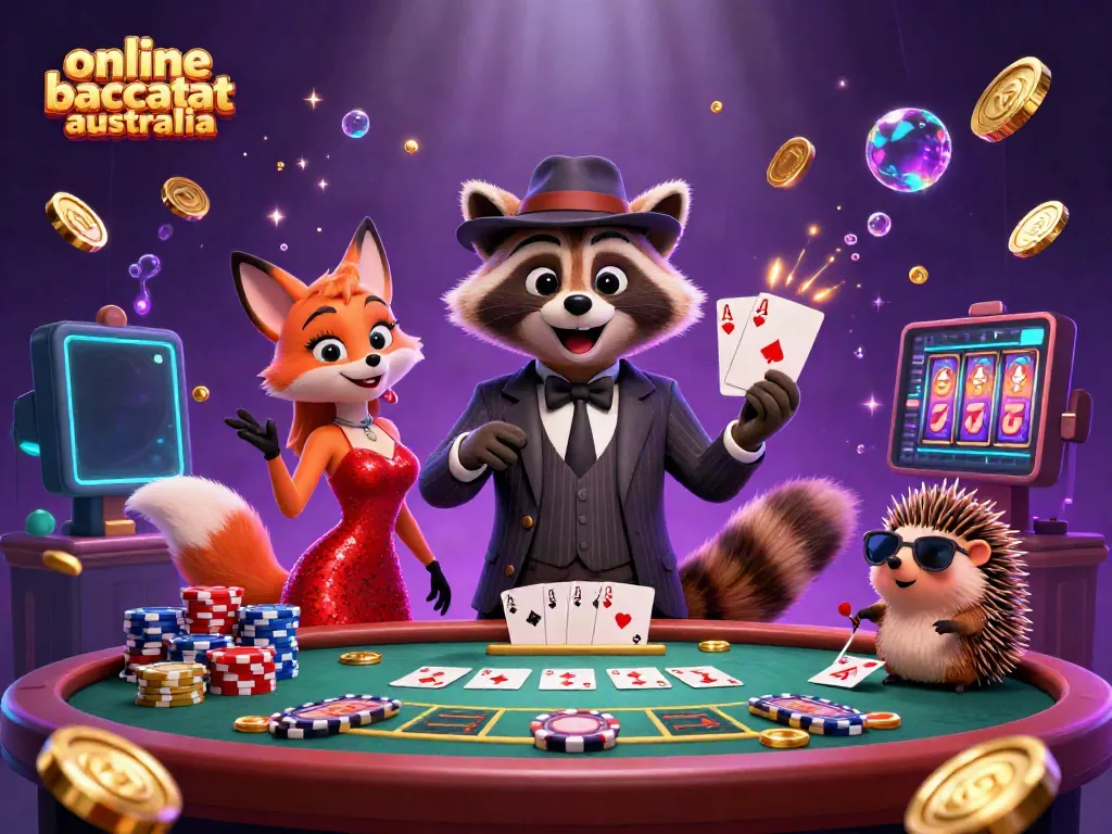 Experience the excitement of online baccarat Australia with lively cartoon characters in a rich casino scene.