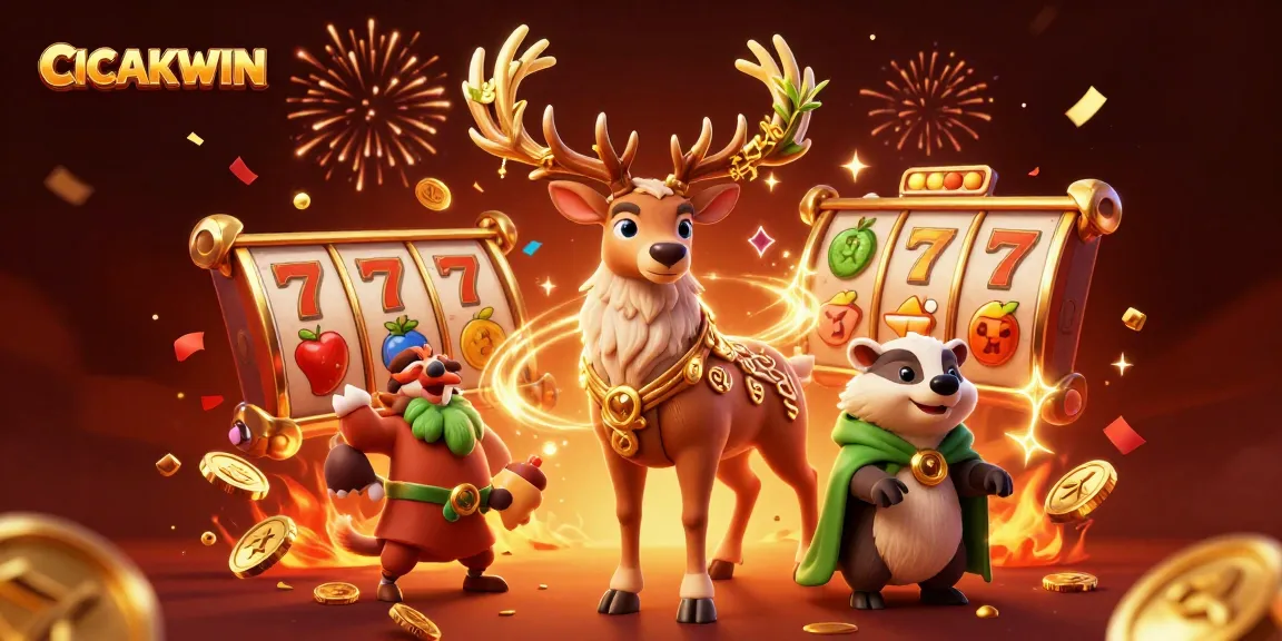CICAKWIN showcases a vibrant scene with a mystical stag and badger amidst spinning slot reels and celebratory symbols.