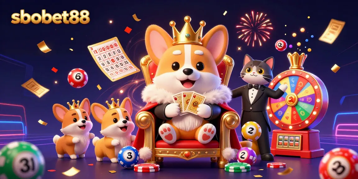 Engaging sbobet88 casino scene with corgi royalty and colorful game elements in a vibrant celebration.