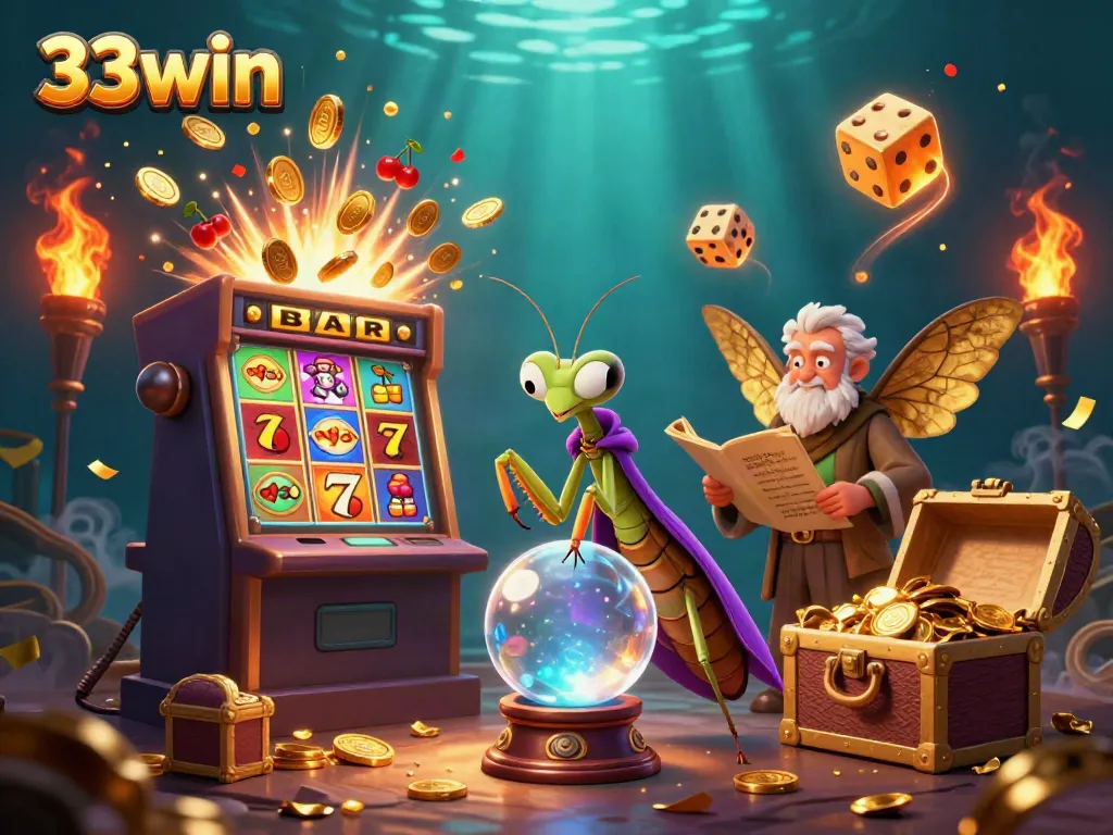 Engaging 3D illustration depicting a whimsical scene with characters and casino elements showcasing the theme of 33win.