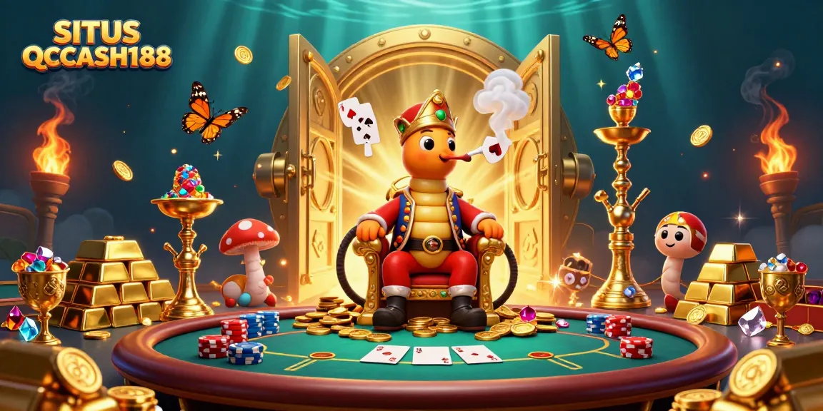 SITE QQCASH188 showcases a vibrant casino scene with a whimsical caterpillar and poker elements.