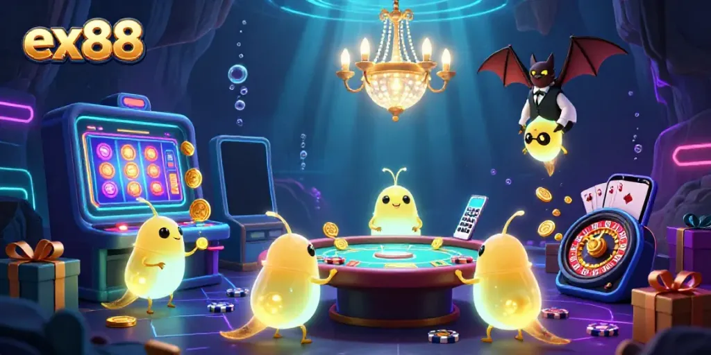 Experience the excitement of ex88 with vibrant casino action, illuminated by glowworms in a captivating scene.