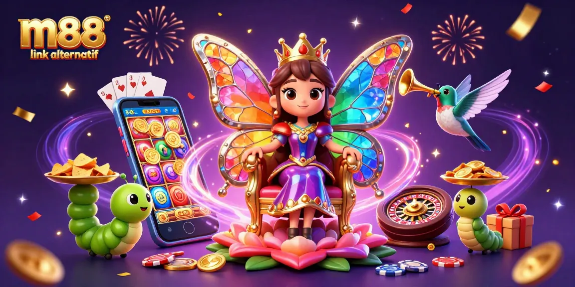 Watch the enchanting m88 link alternatif scene with a majestic butterfly queen, casino games, and festive elements.