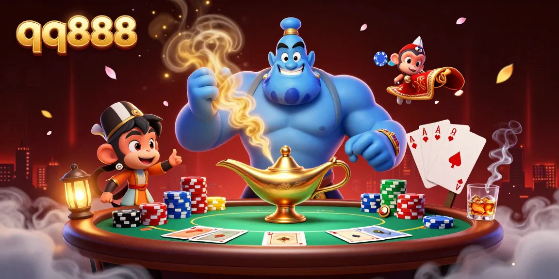 Engage with the qq888 online casino experience featuring a magical genie and vibrant poker elements.