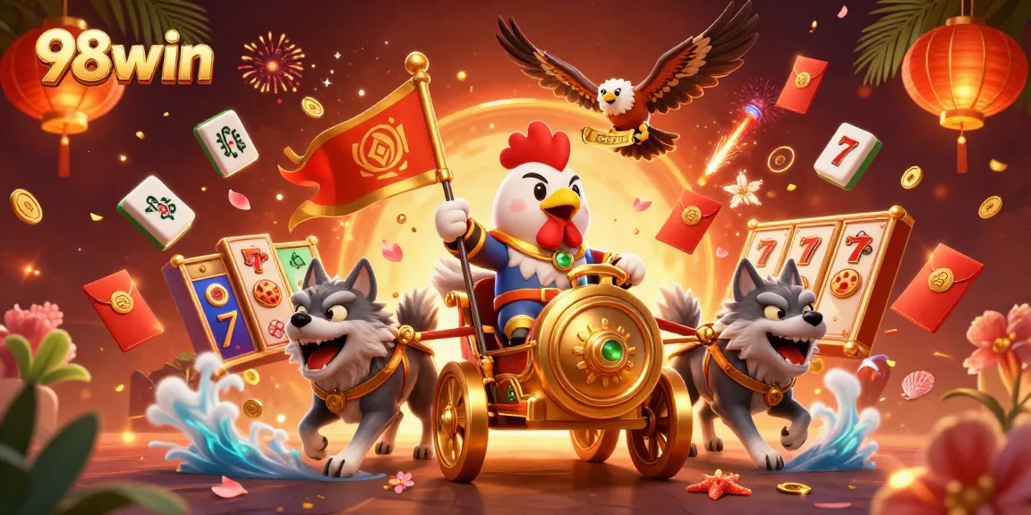 Engage with 98win through an exciting 3D illustration depicting a rooster warlord and casino elements.