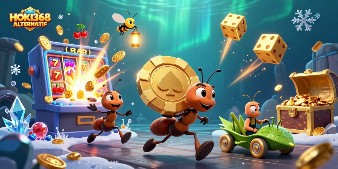 HOKI368 ALTERNATIF showcases a thrilling 3D illustration with ants in a casino heist.
