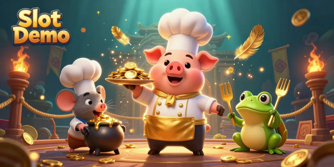 Engage with Slot Demo at an exciting gourmet casino scene with characters serving golden rewards.