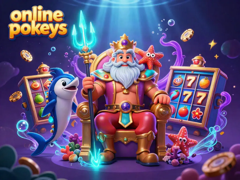 Engaging scene of online pokies with Neptune, a swordfish samurai, and a starfish amid vibrant casino elements.