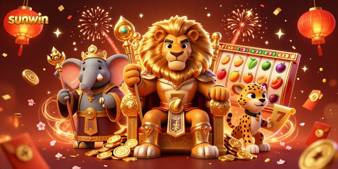 Experience vibrant gaming at sunwin with a fierce lion king, exciting slot games, and celebratory elements.