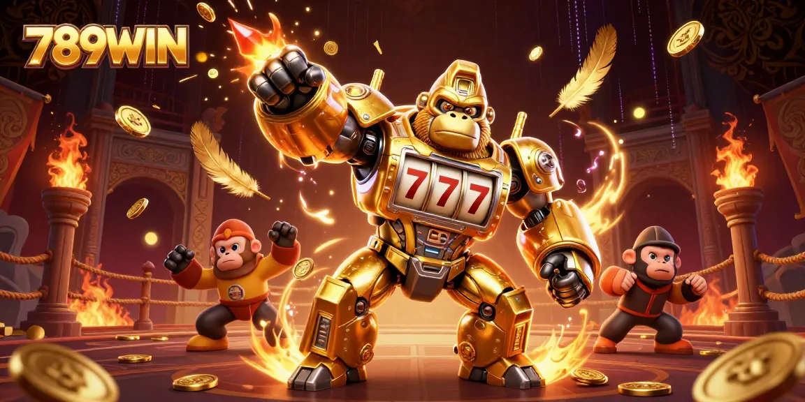 Engage with 789WIN through a vibrant 3D illustration displaying an energized casino experience with golden gorilla mech and dynamic elements.