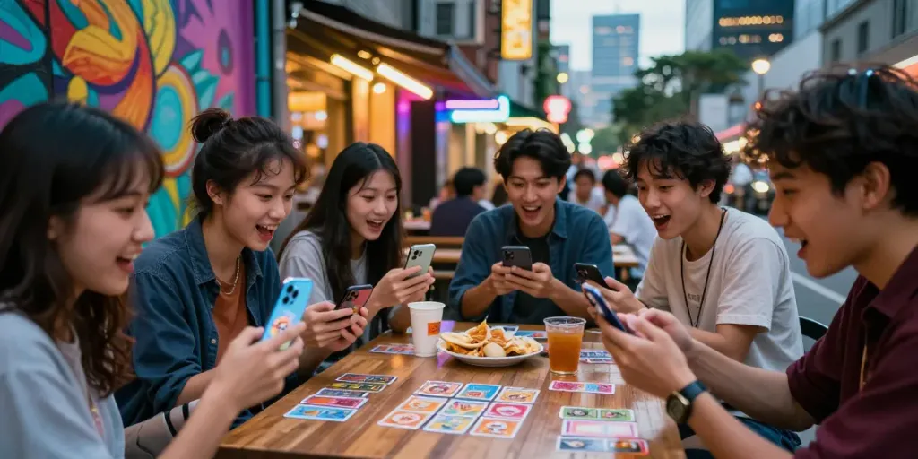 Friends enjoying a lively game of 3 Patti No1 in an urban setting, showcasing excitement and social interaction.