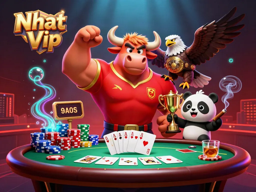 Nhat Vip casino mascot celebrates winning with poker chips and cards in a vibrant, detailed scene.