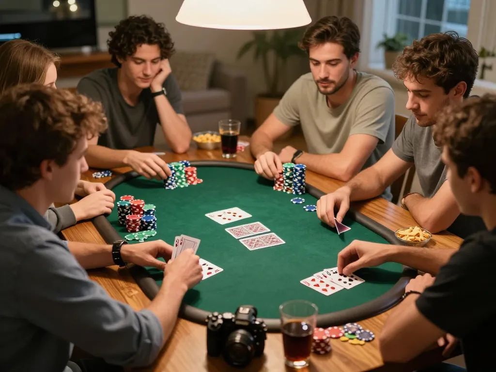 Friends playing poker in a cozy home setting, showcasing top game bài đổi thưởng strategy and lively interaction.