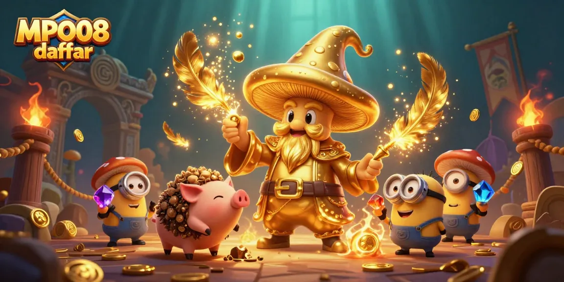 MPO08 daftar featuring a golden mushroom wizard and treasure-hunting pig in an immersive casino scene.