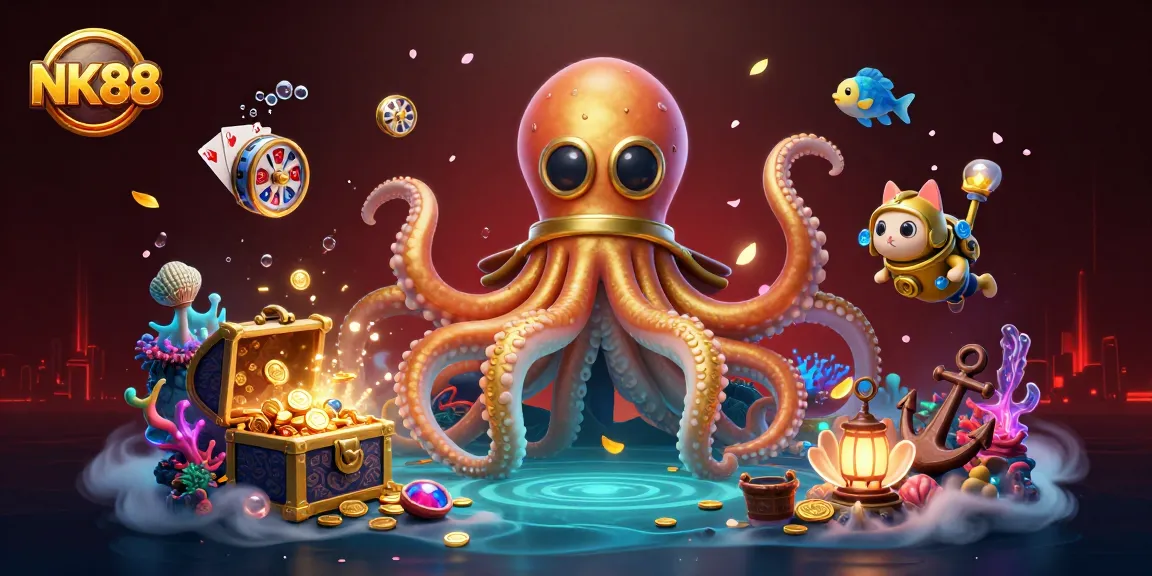 NK88 offers thrilling adventures in slots with a colossal kraken and diving cat in this vibrant underwater scene.