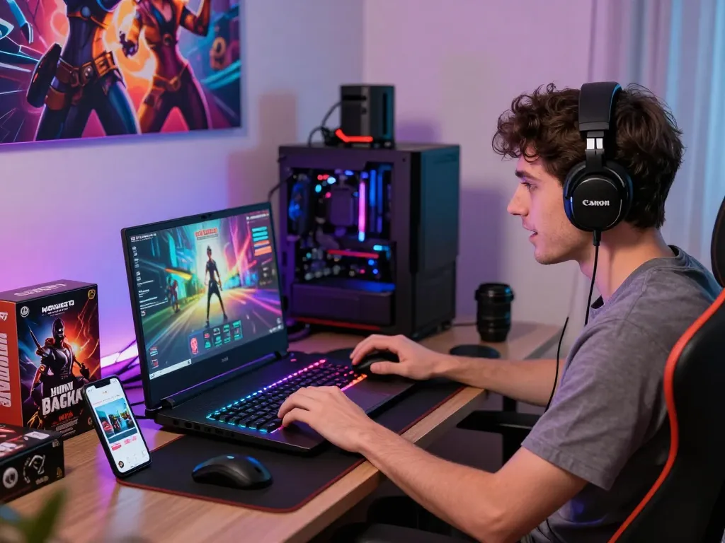 Engaged gamer exploring html porn games on a modern laptop with vibrant LED lighting and gaming accessories.