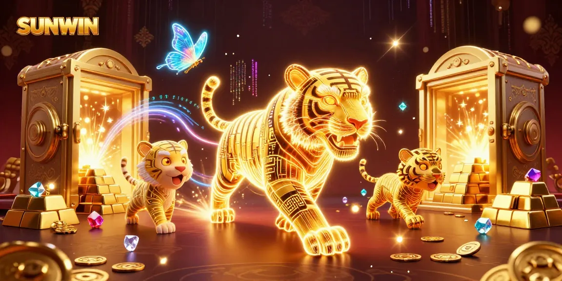 SUNWIN captivates players with a lively casino scene featuring a golden tiger and vibrant treasures.