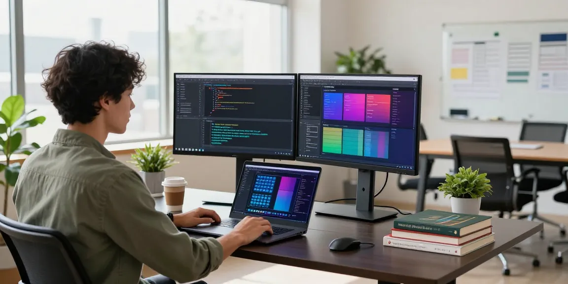 快连 software developer working in a modern workspace with coding screens and vibrant analytics.