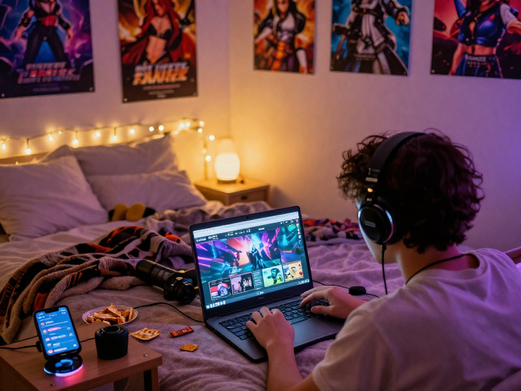 Player enjoying lewdspot games in cozy bedroom, engaging with vibrant snacks and ambient light.
