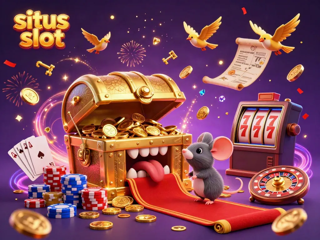 Engage with situs slot excitement as golden treasures lure adventurer mice in a vibrant casino scene.