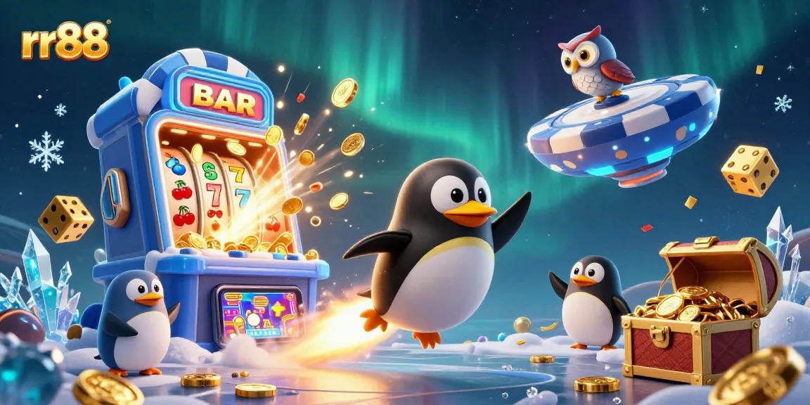 Play at rr88 with a golden penguin soaring toward a vibrant casino, bursting with rewards and exciting game features.