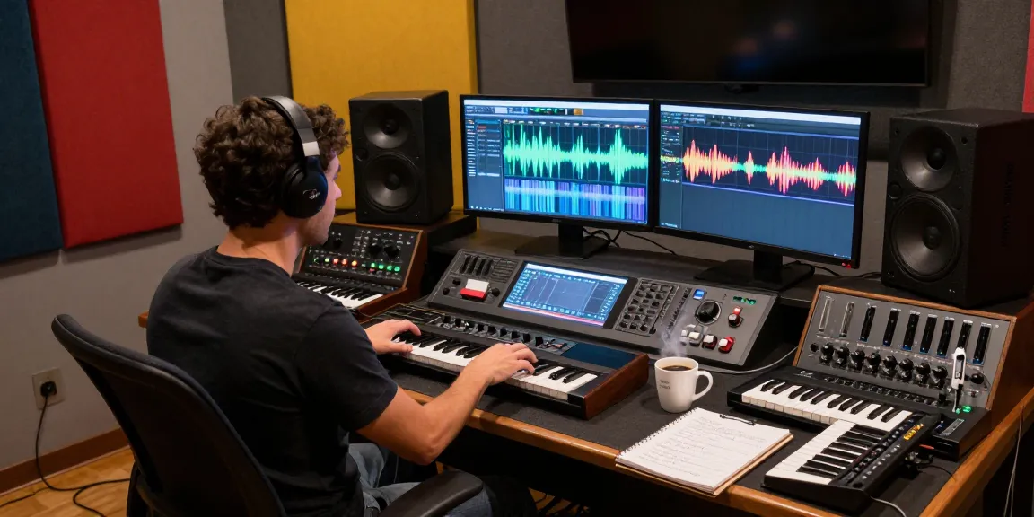Music producer mixing tracks in a modern studio featuring the SC88 synthesizer and ambient lighting.