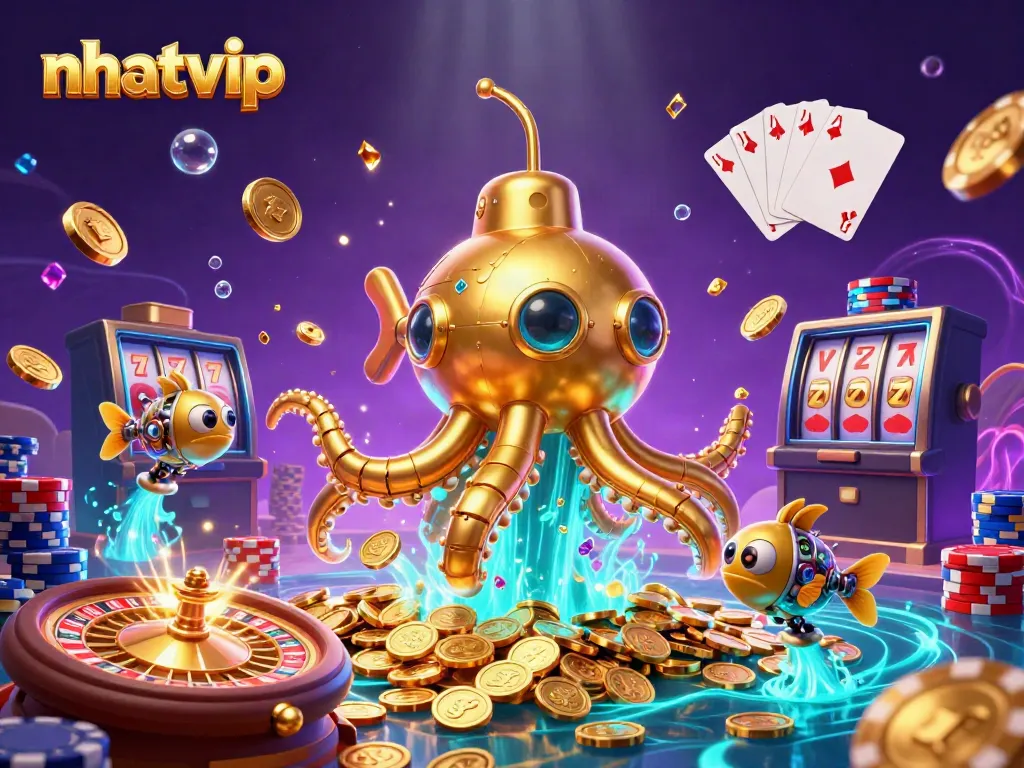 Nhatvip online casino illustration showcasing a golden kraken submarine among vibrant gaming elements.