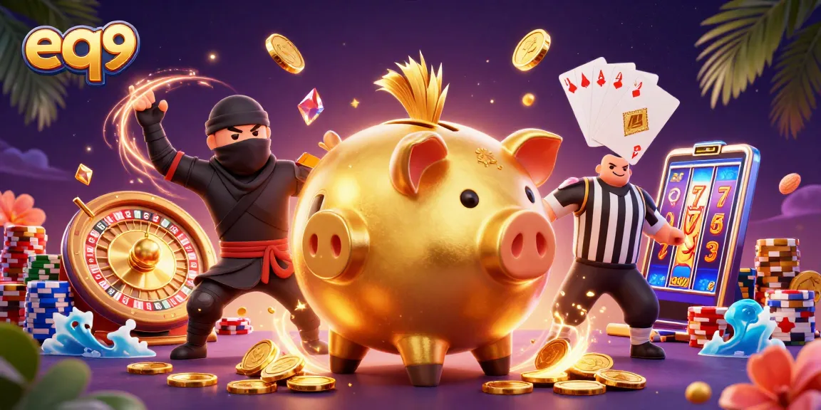 Join the thrill at EQ9 as the golden piggy bank sums up the excitement, surrounded by coins and gems!