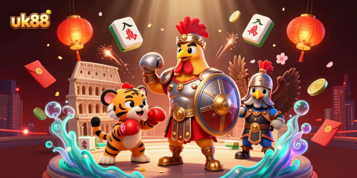 Engage with uk88's exciting casino atmosphere, featuring a gladiator rooster in armor amidst dynamic game elements.
