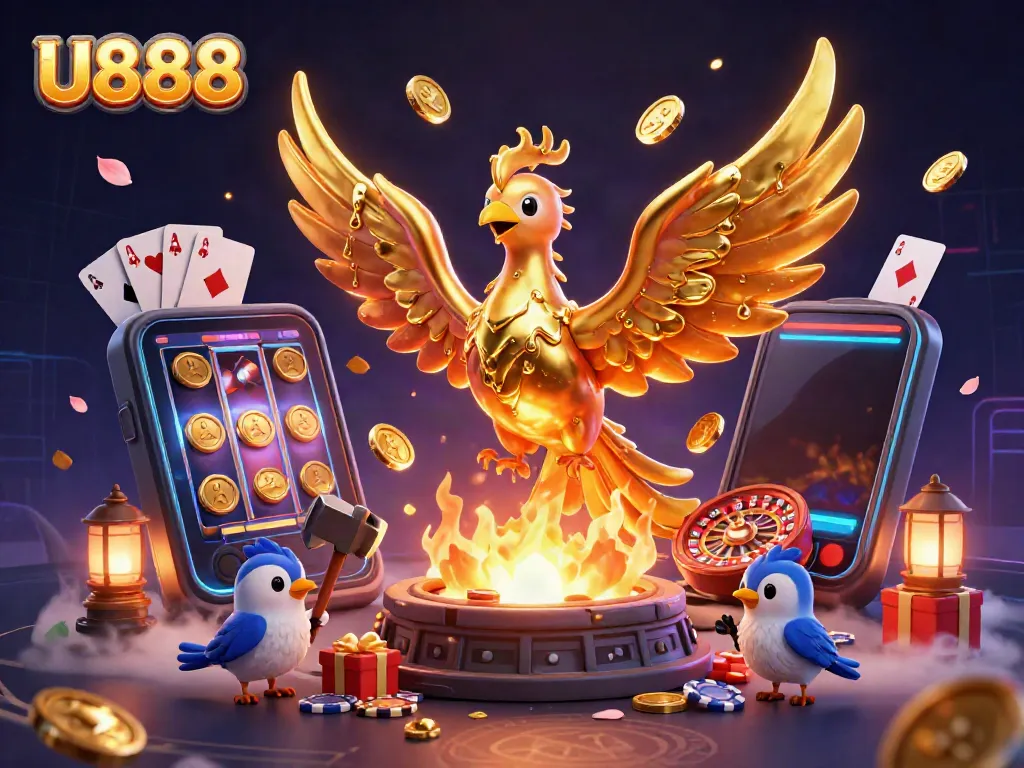 Experience the excitement of U888 as golden coins flow from a phoenix, symbolizing fortune in gaming.