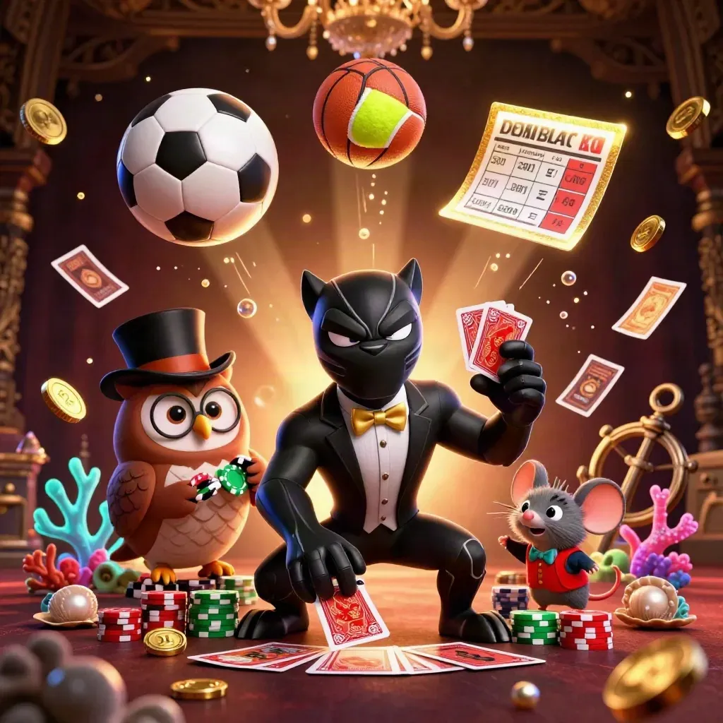 Panther, owl, and mouse amid gold coins, cards, balls, and glowing casino treasure in dark neon light