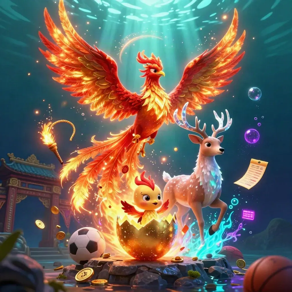 Phoenix, baby phoenix, and crystal-antler stag amid casino treasure under underwater god-rays.