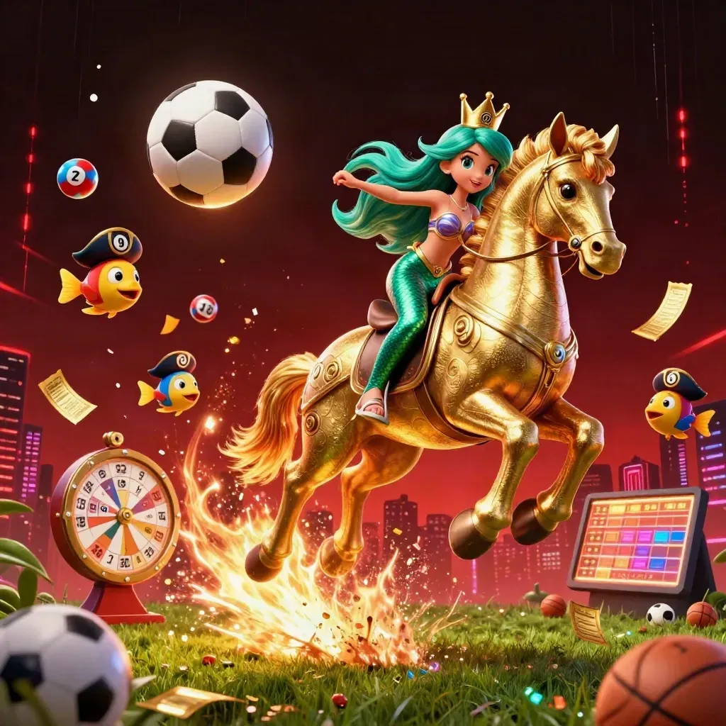 Mermaid on golden seahorse, soccer ball blast, casino symbols and neon lights