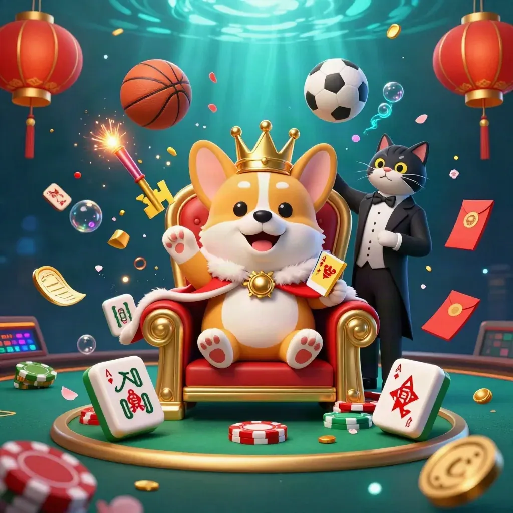 Crowned corgi and cat butler amid flying balls, coins, lanterns, and neon underwater casino glow.
