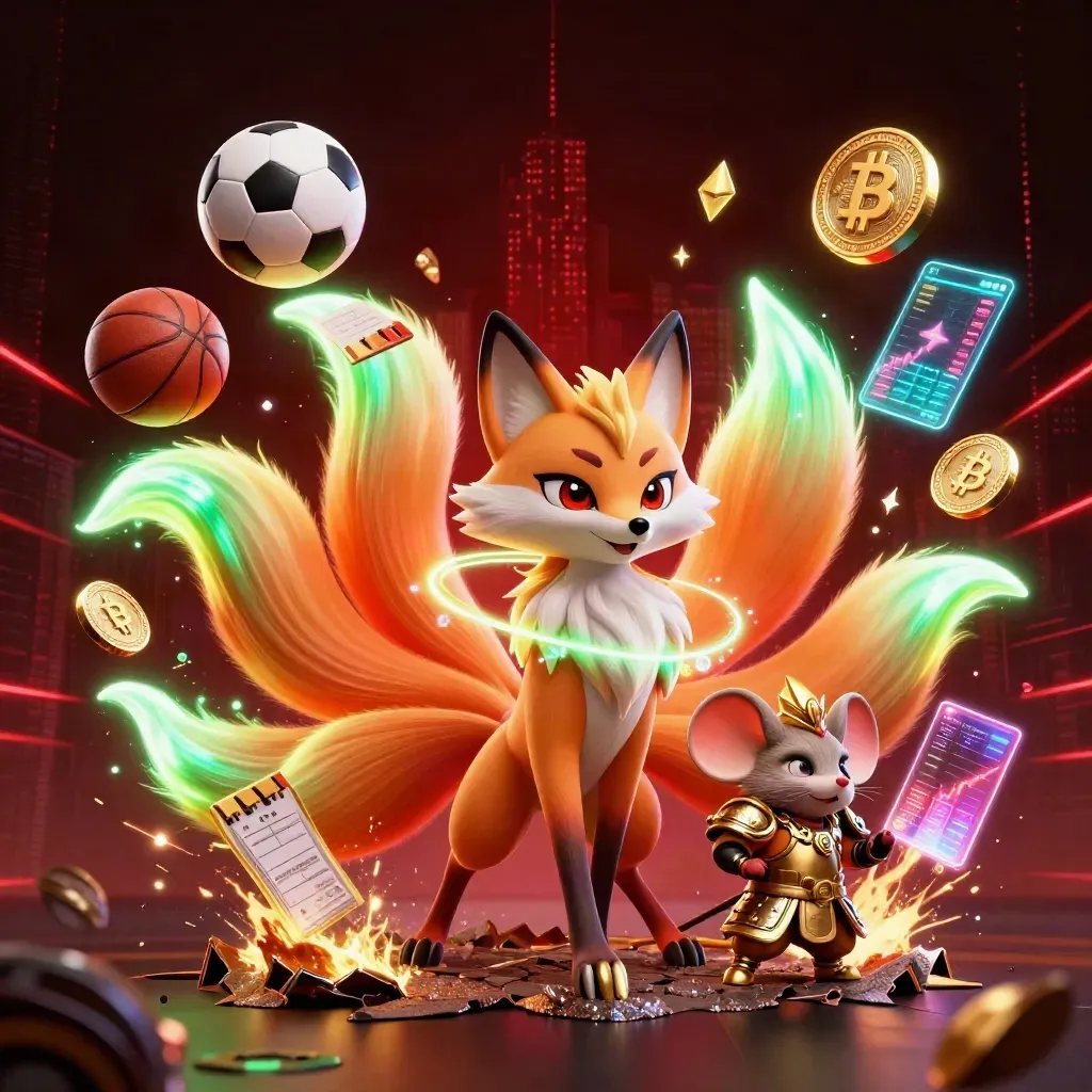 Fox spirit and samurai mouse amid casino sports chaos, coins, lightning, and neon haze.