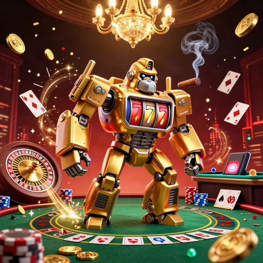 Golden gorilla slot-mech with monkey pilot amid casino riches, roulette wheel, chips, gems, and fireworks.
