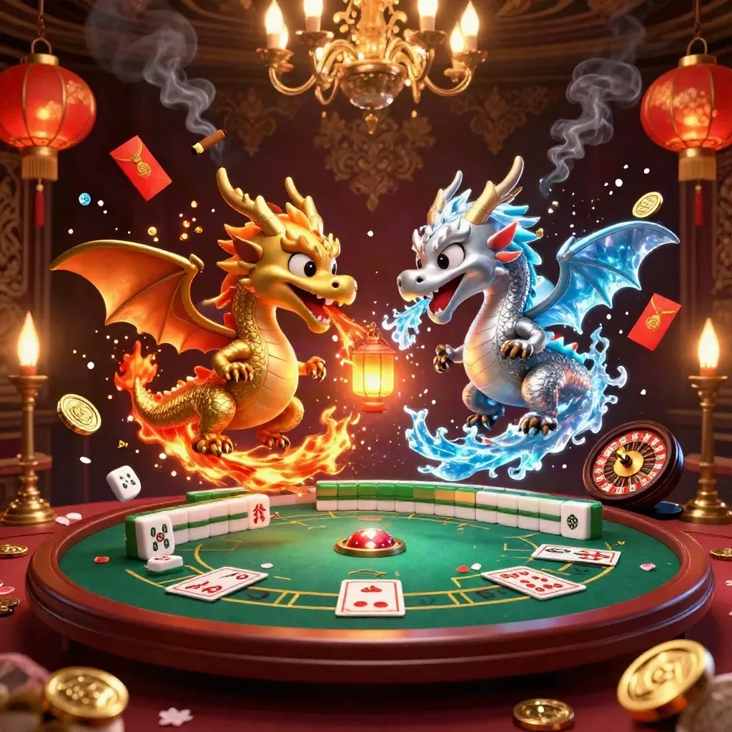 Gold and silver dragons spiral amid casino and festive props in a luxe dark room.