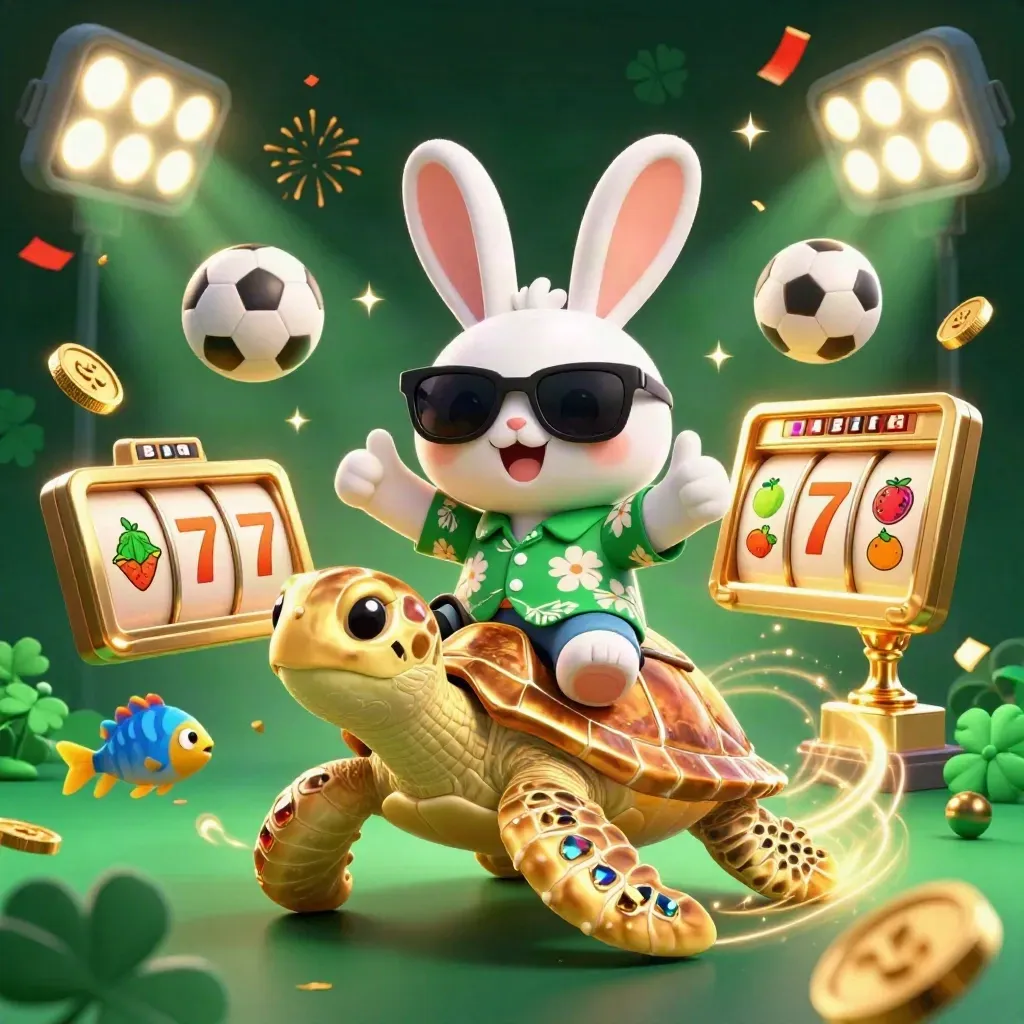 Lucky rabbit rides a gem turtle amid casino sports balls, coins, fireworks, and emerald glam.