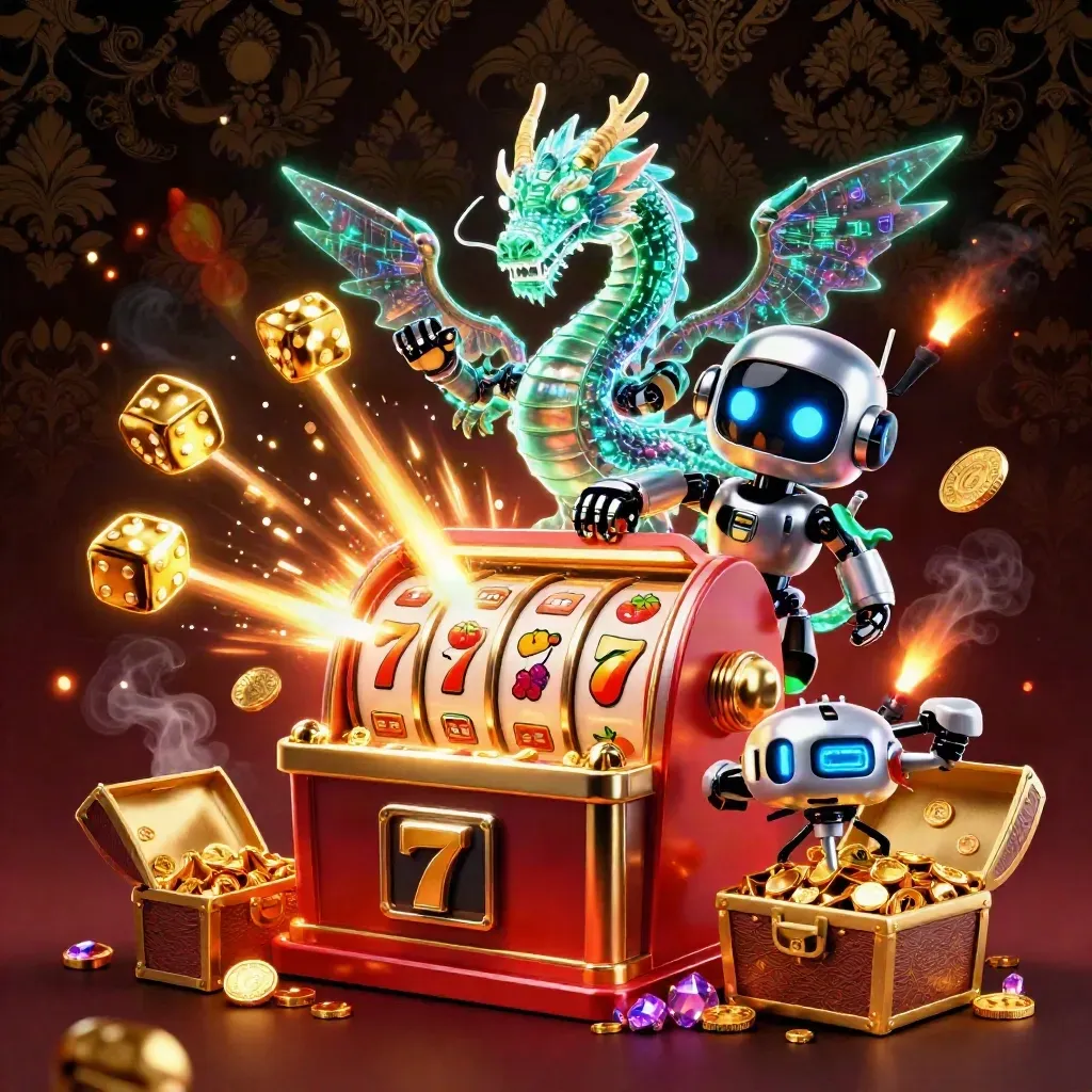 Cyberpunk robot, holographic dragon, and coin drone bursting from a slot machine with gold and emerald effects.