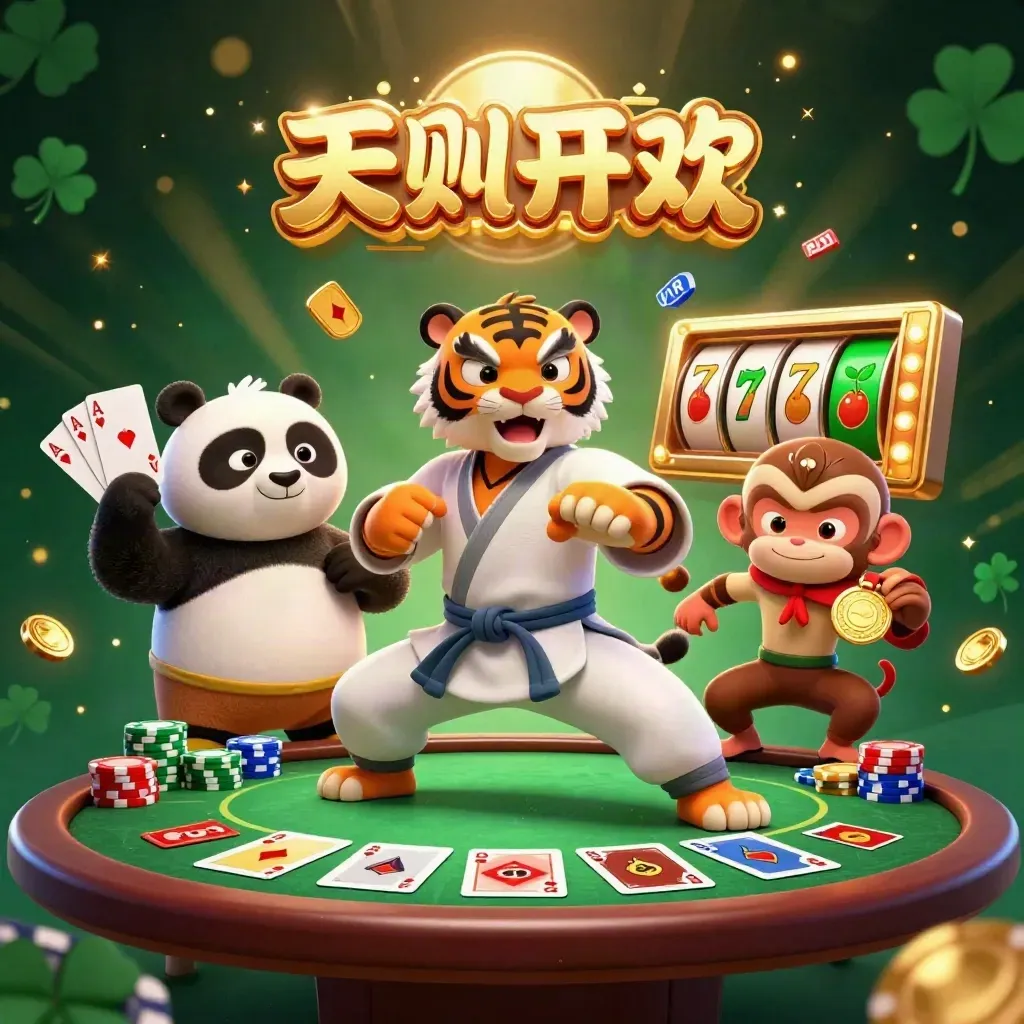 Tiger, panda, and monkey kung-fu trio around a poker table with chips, reels, and golden casino glow.