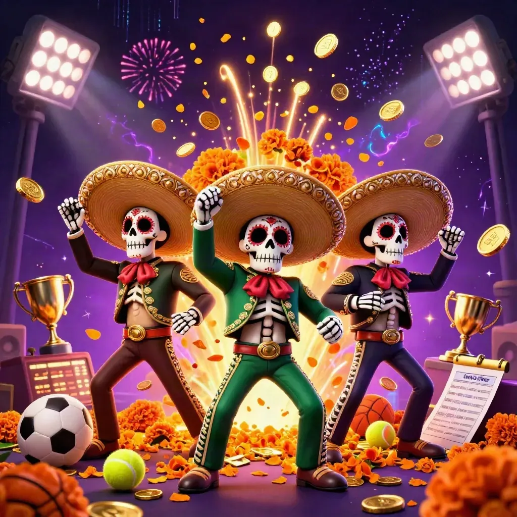 Three festive skeleton mariachi heroes with coins, sports balls, trophy, and neon casino effects