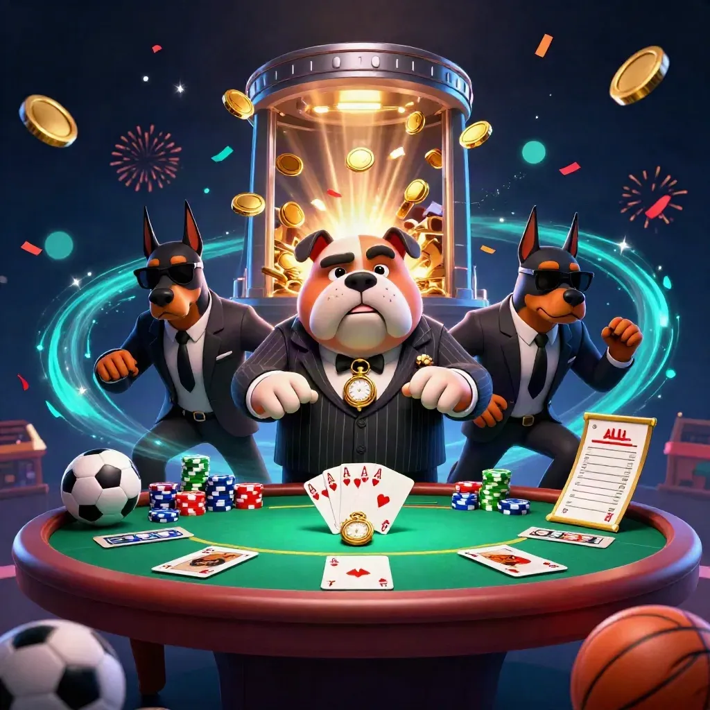Bulldog mob boss and Doberman guards amid casino chips, coins, sports props, and fireworks.